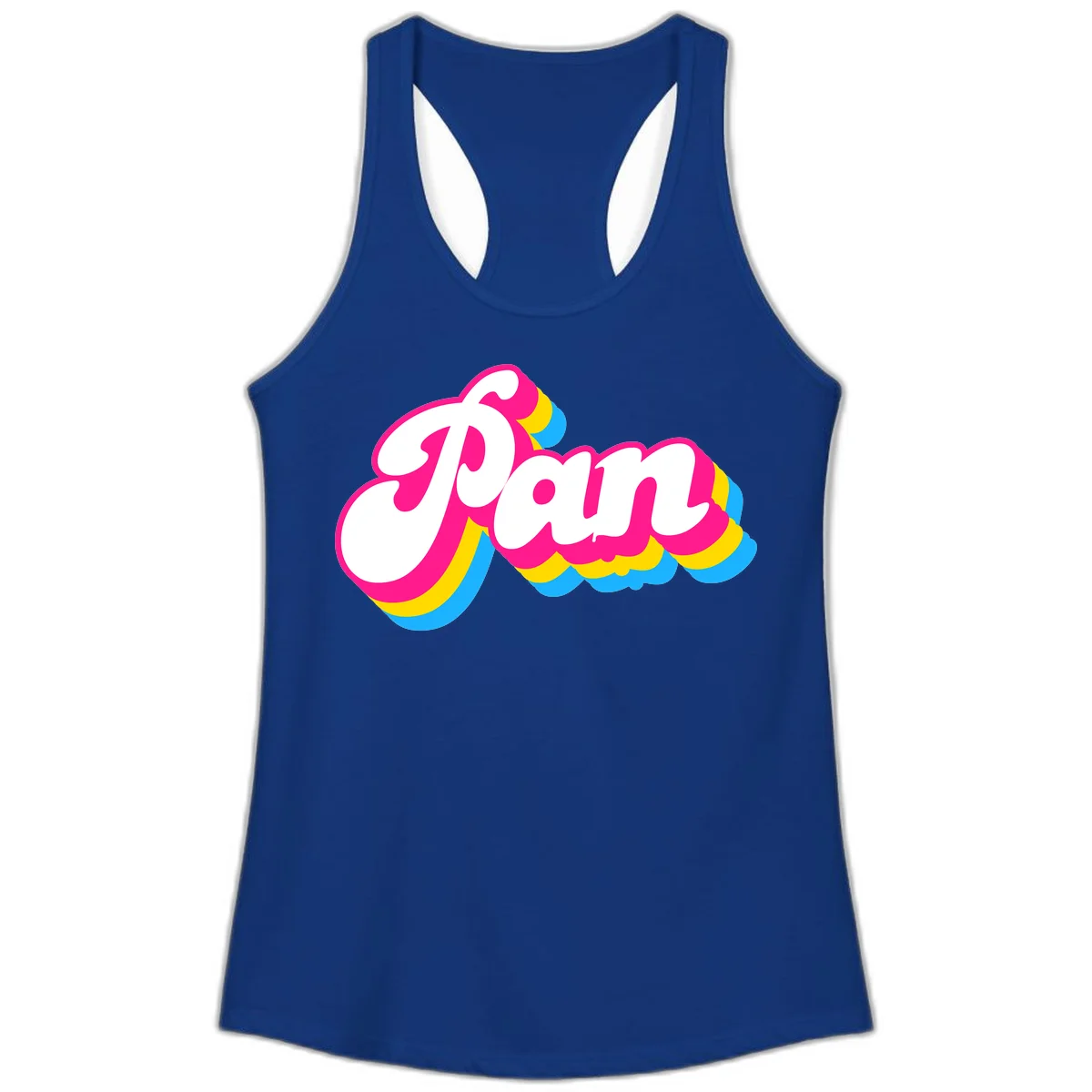 Retro pop art design with 'Pam' in bold white lettering outlined in magenta with layered cyan and yellow scalloped shapes in Solid Royal