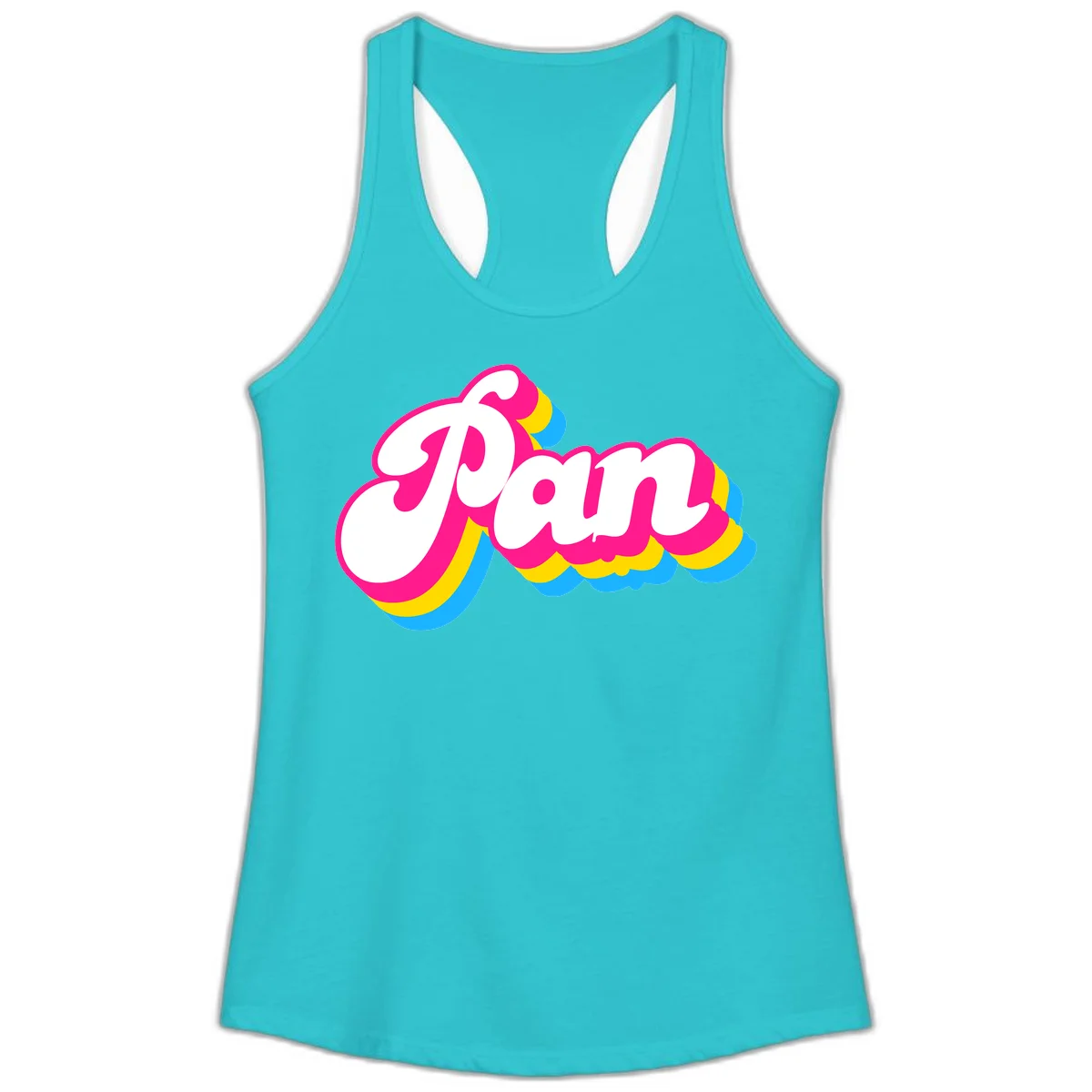 Retro pop art design with 'Pam' in bold white lettering outlined in magenta with layered cyan and yellow scalloped shapes in Solid Tahiti Blue