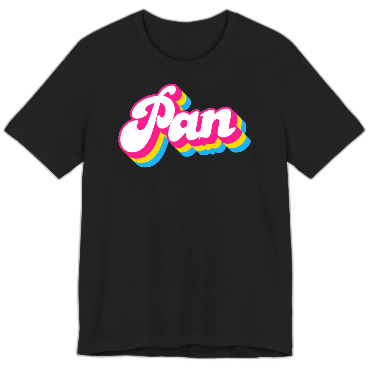 Retro pop art design with 'Pam' in bold white lettering outlined in magenta with layered cyan and yellow scalloped shapes in Black