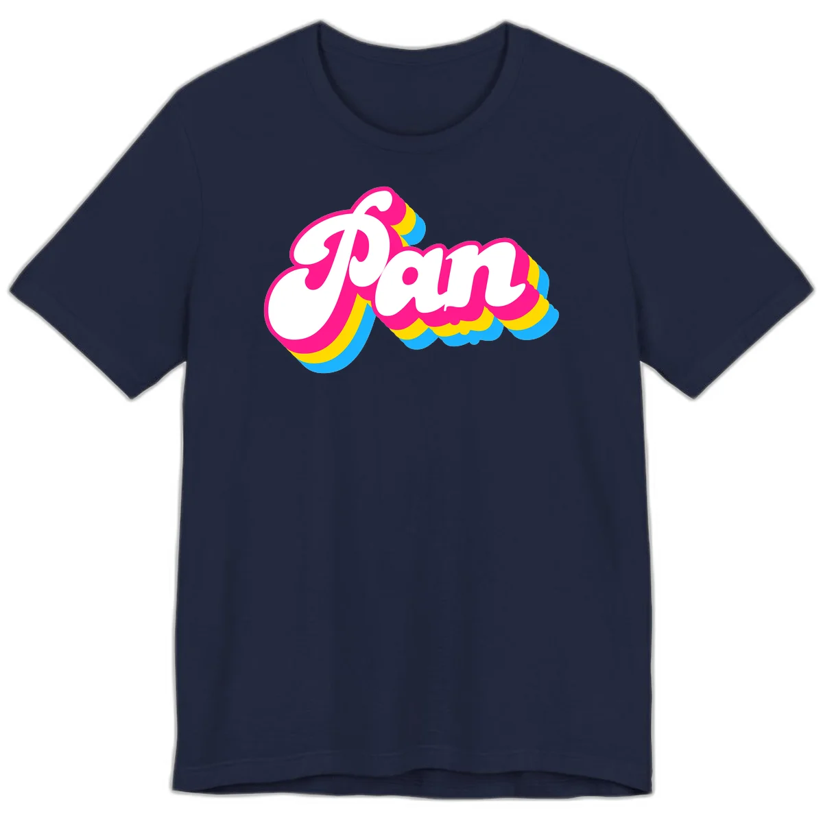 Retro pop art design with 'Pam' in bold white lettering outlined in magenta with layered cyan and yellow scalloped shapes in Navy