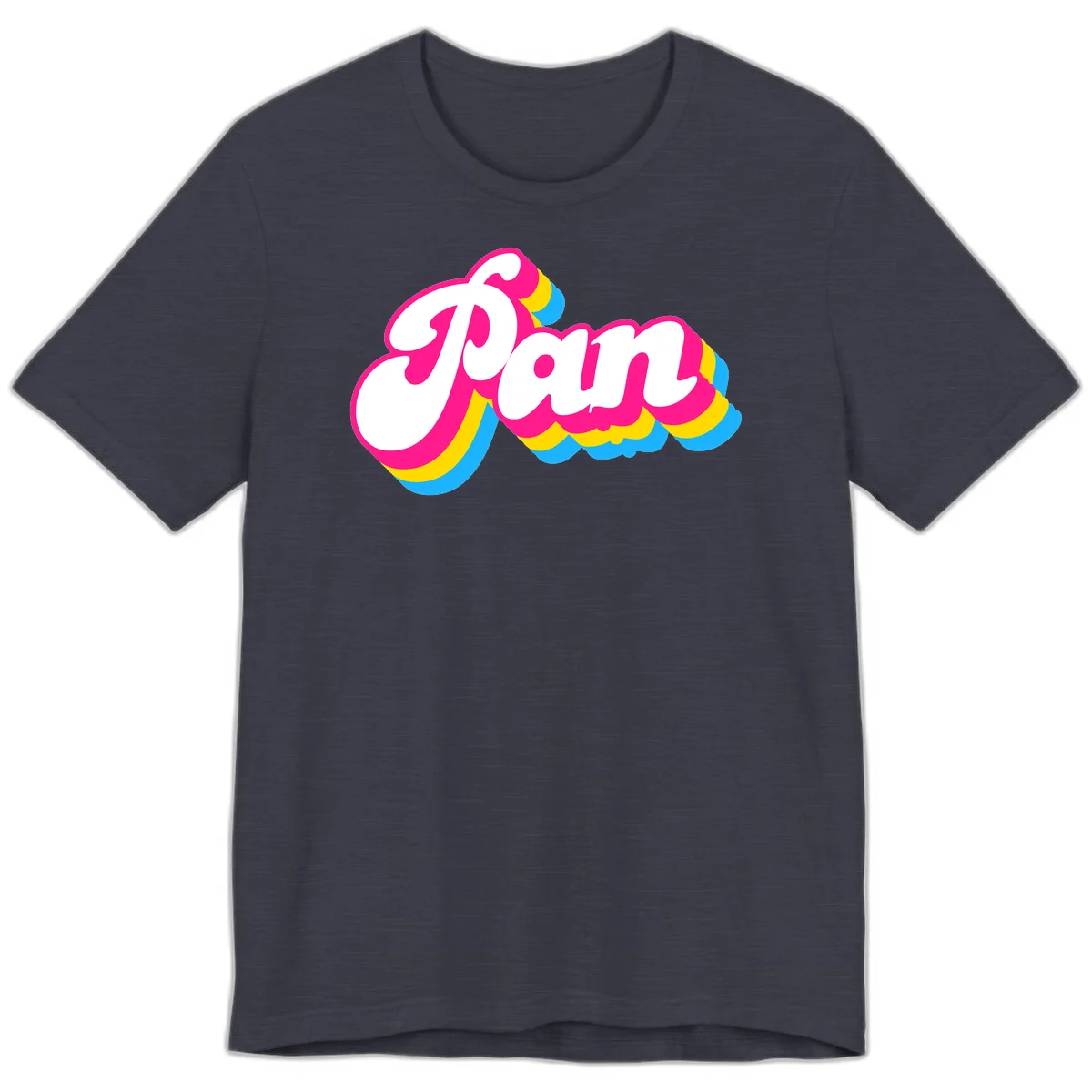 Retro pop art design with 'Pam' in bold white lettering outlined in magenta with layered cyan and yellow scalloped shapes in Heather Midnight Navy