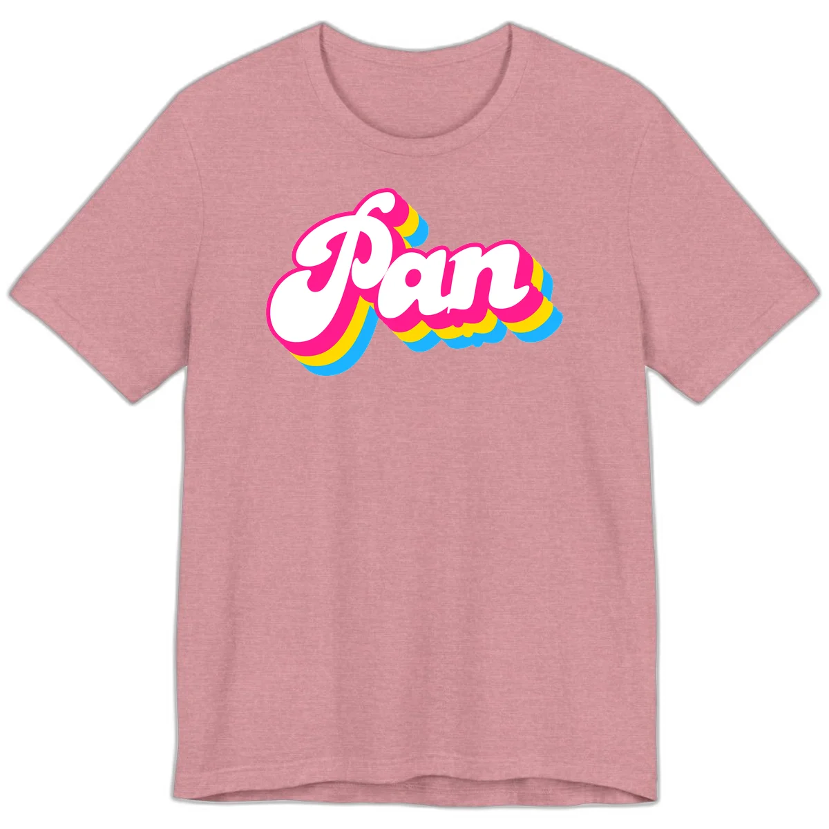 Retro pop art design with 'Pam' in bold white lettering outlined in magenta with layered cyan and yellow scalloped shapes in Heather Orchid