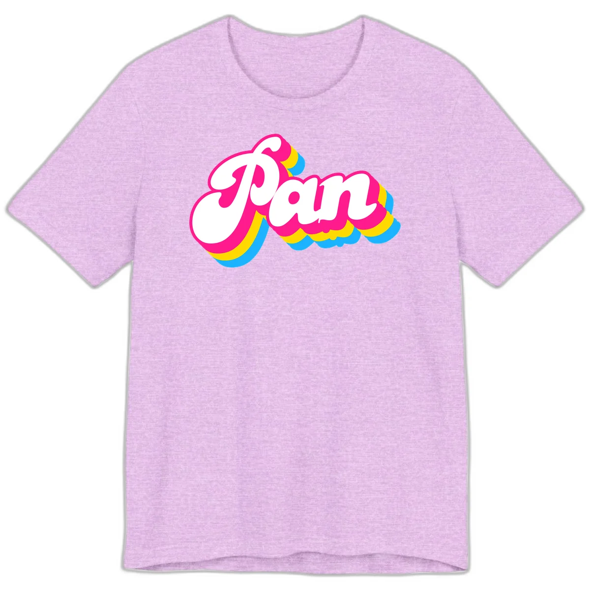 Retro pop art design with 'Pam' in bold white lettering outlined in magenta with layered cyan and yellow scalloped shapes in Heather Prism Lilac
