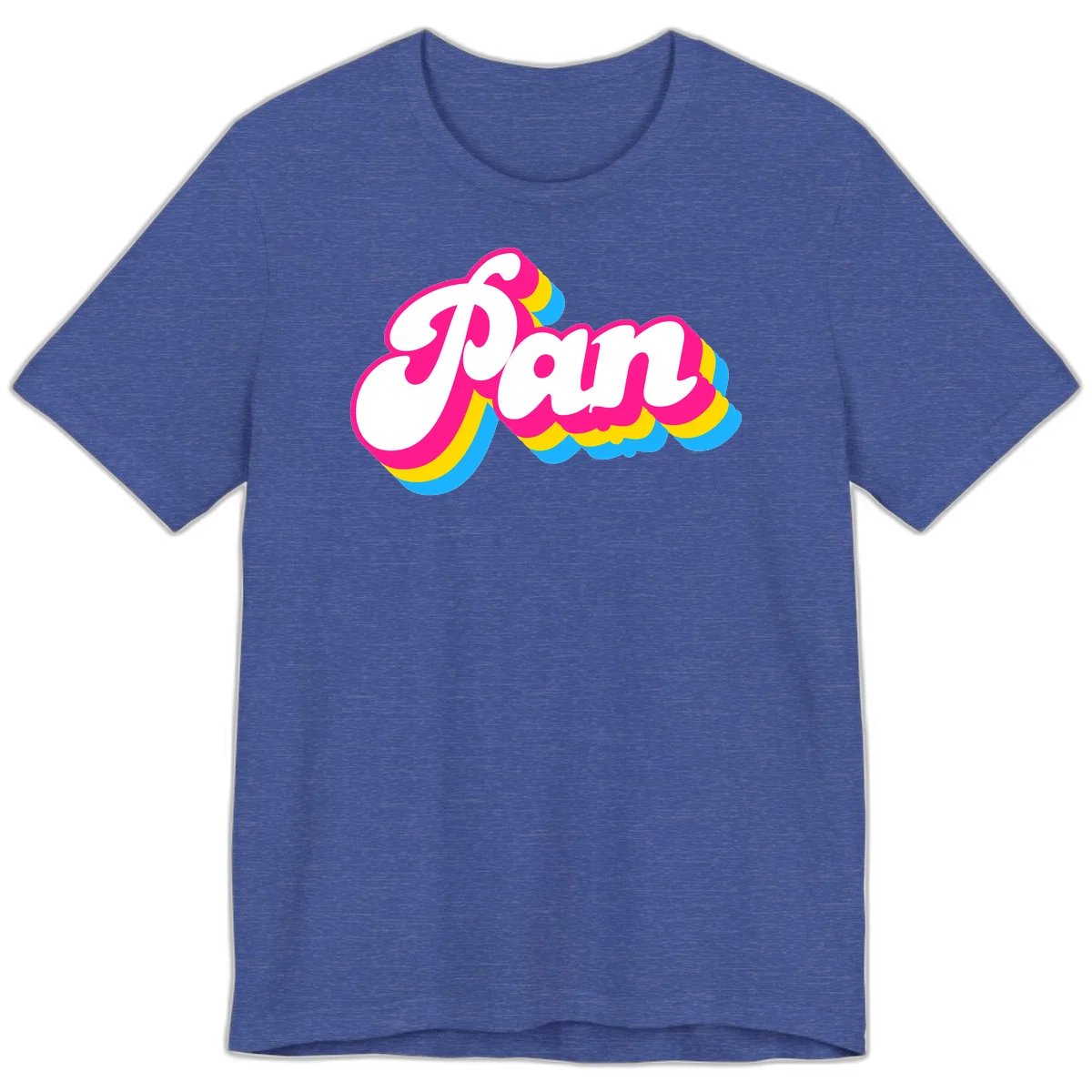 Retro pop art design with 'Pam' in bold white lettering outlined in magenta with layered cyan and yellow scalloped shapes in Heather True Royal