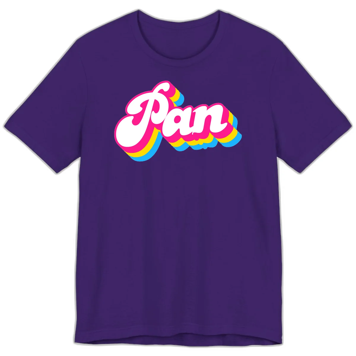 Retro pop art design with 'Pam' in bold white lettering outlined in magenta with layered cyan and yellow scalloped shapes in Team Purple