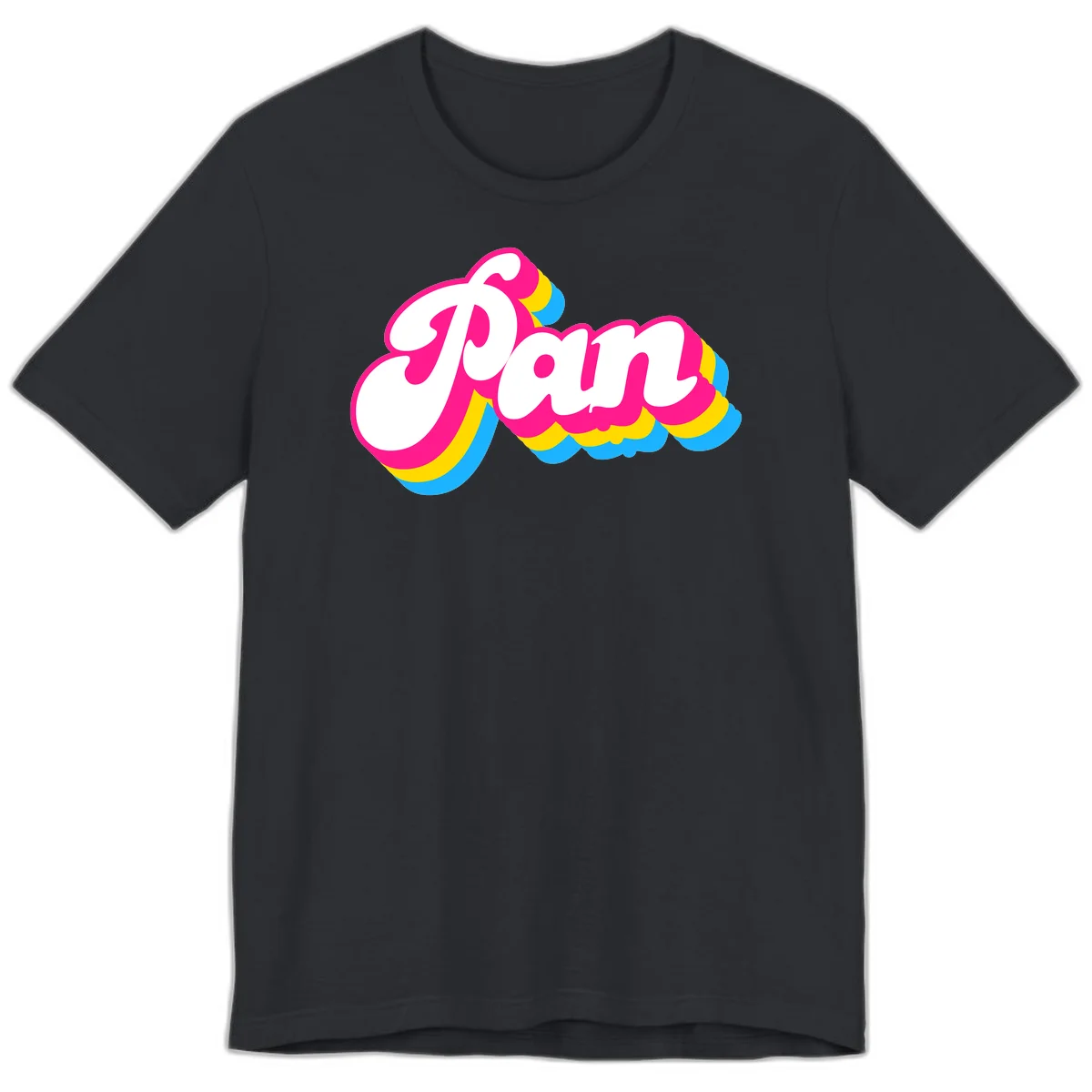 Retro pop art design with 'Pam' in bold white lettering outlined in magenta with layered cyan and yellow scalloped shapes in Vintage Black