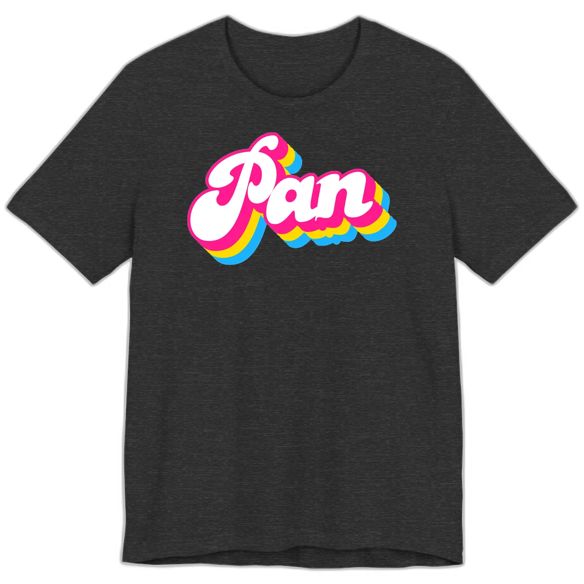 Retro pop art design with 'Pam' in bold white lettering outlined in magenta with layered cyan and yellow scalloped shapes in Dark Grey Heather