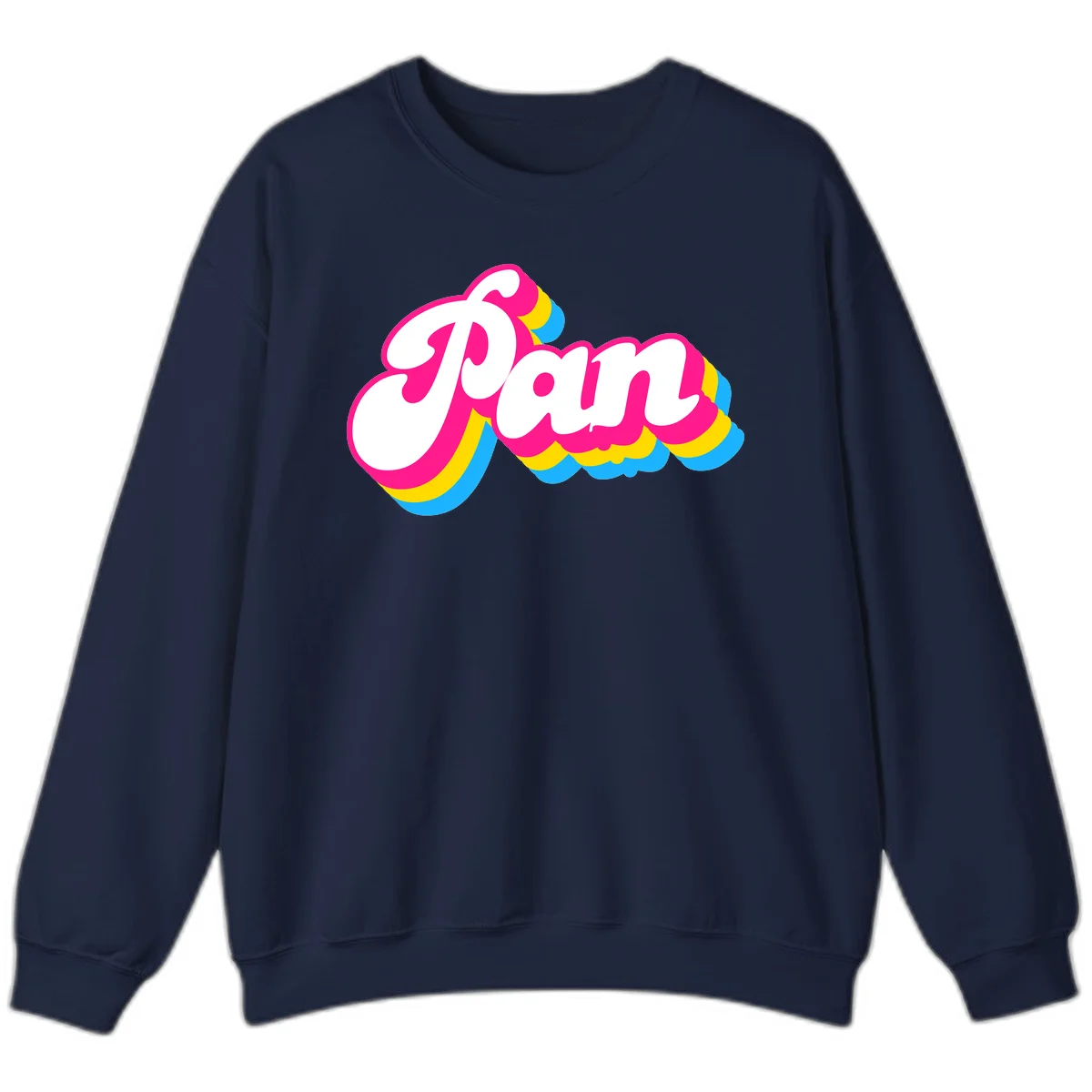 Retro pop art design with 'Pam' in bold white lettering outlined in magenta with layered cyan and yellow scalloped shapes in Navy