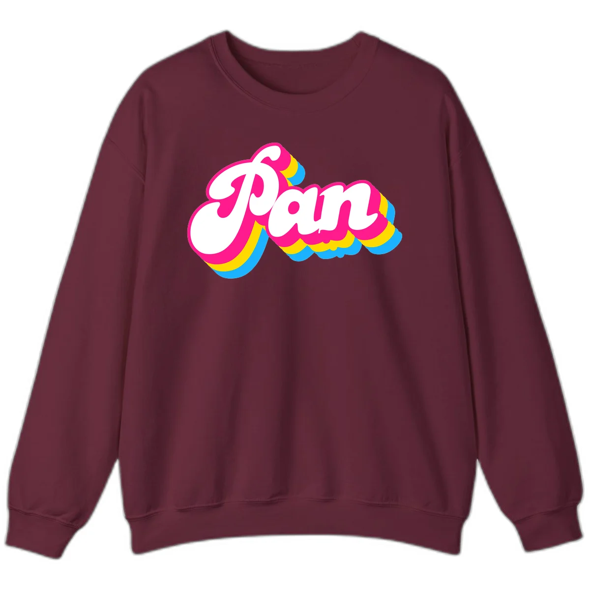 Retro pop art design with 'Pam' in bold white lettering outlined in magenta with layered cyan and yellow scalloped shapes in Maroon