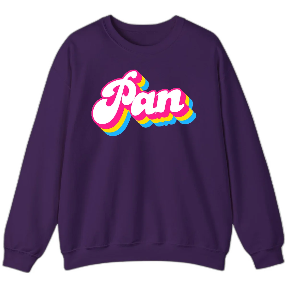 Retro pop art design with 'Pam' in bold white lettering outlined in magenta with layered cyan and yellow scalloped shapes in Purple