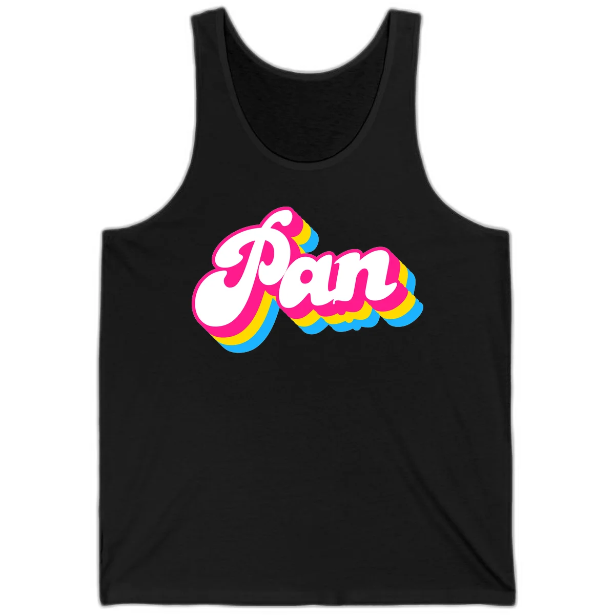 Retro pop art design with 'Pam' in bold white lettering outlined in magenta with layered cyan and yellow scalloped shapes in Black