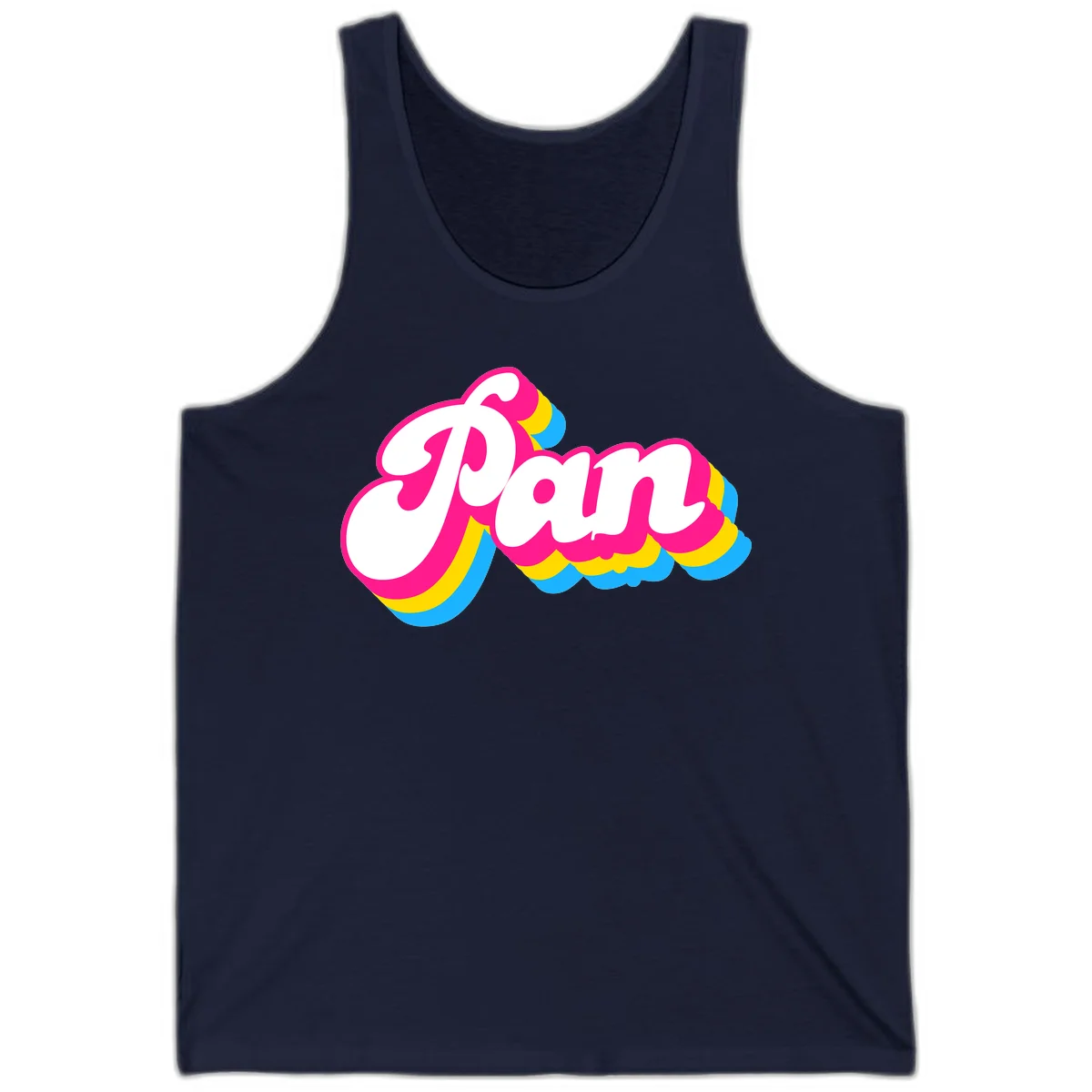 Retro pop art design with 'Pam' in bold white lettering outlined in magenta with layered cyan and yellow scalloped shapes in Navy