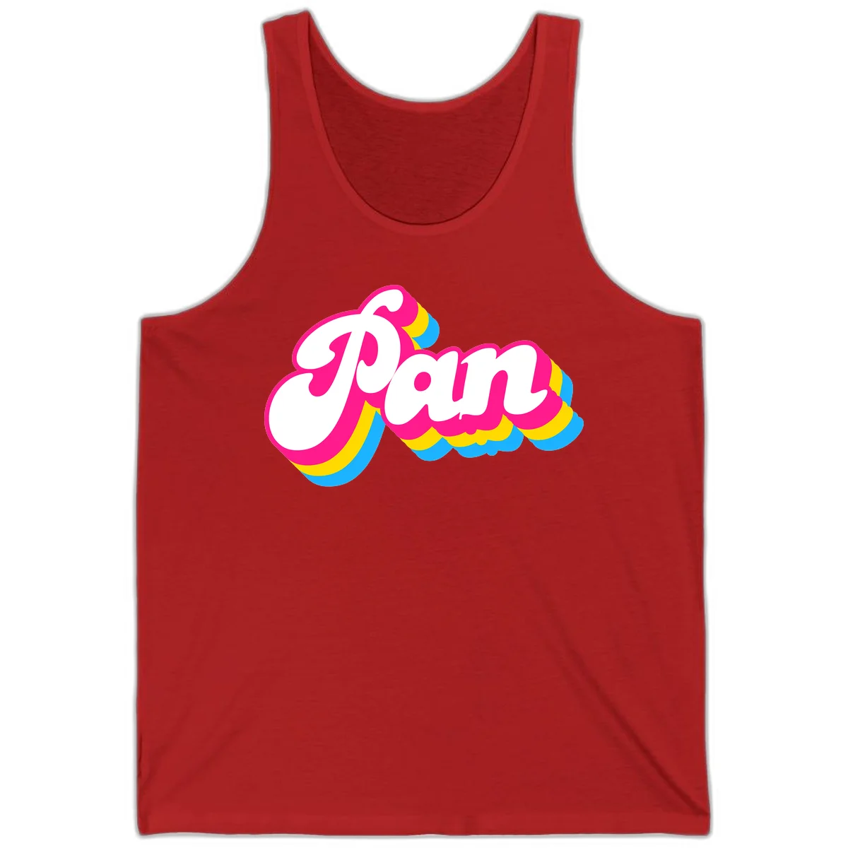 Retro pop art design with 'Pam' in bold white lettering outlined in magenta with layered cyan and yellow scalloped shapes in Red