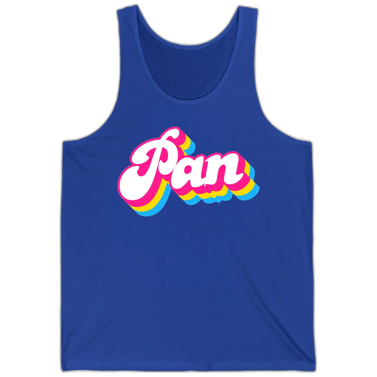 Retro pop art design with 'Pam' in bold white lettering outlined in magenta with layered cyan and yellow scalloped shapes in True Royal