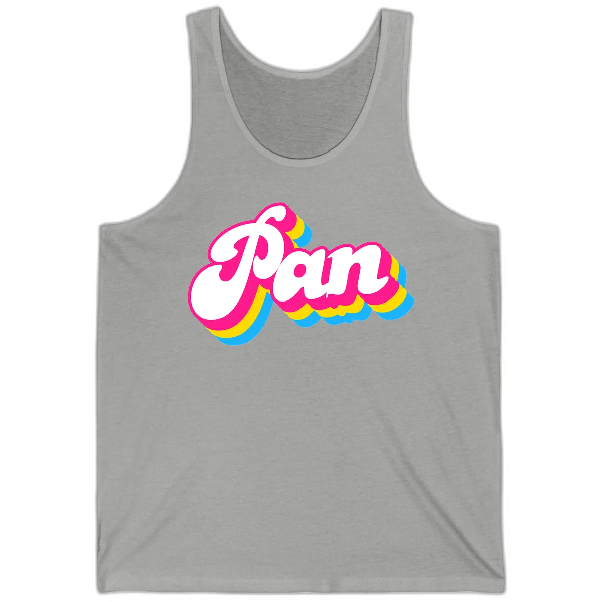 Retro pop art design with 'Pam' in bold white lettering outlined in magenta with layered cyan and yellow scalloped shapes in Athletic Heather
