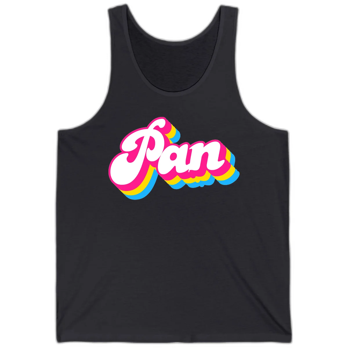 Retro pop art design with 'Pam' in bold white lettering outlined in magenta with layered cyan and yellow scalloped shapes in Dark Grey