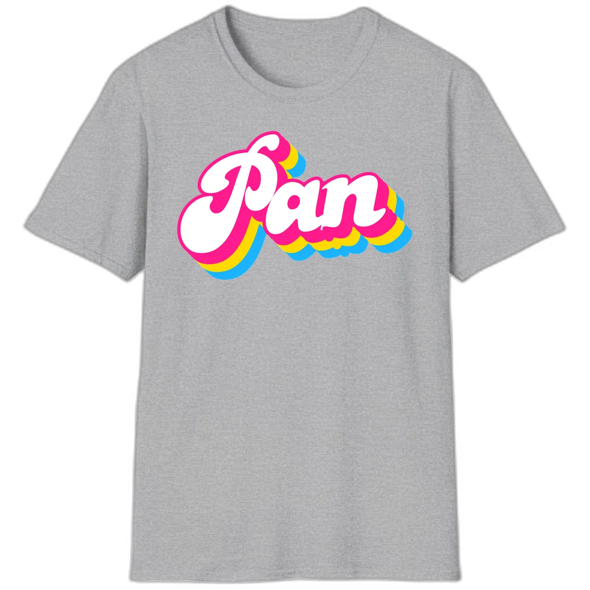 Retro pop art design with 'Pam' in bold white lettering outlined in magenta with layered cyan and yellow scalloped shapes in Sport Grey