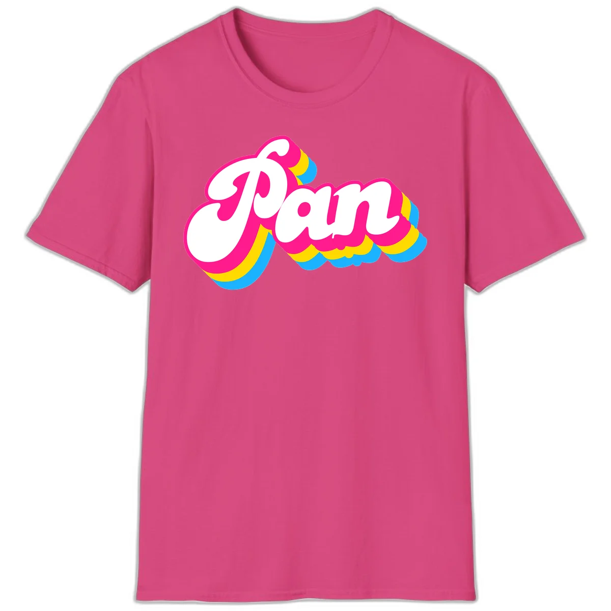 Retro pop art design with 'Pam' in bold white lettering outlined in magenta with layered cyan and yellow scalloped shapes in Heliconia