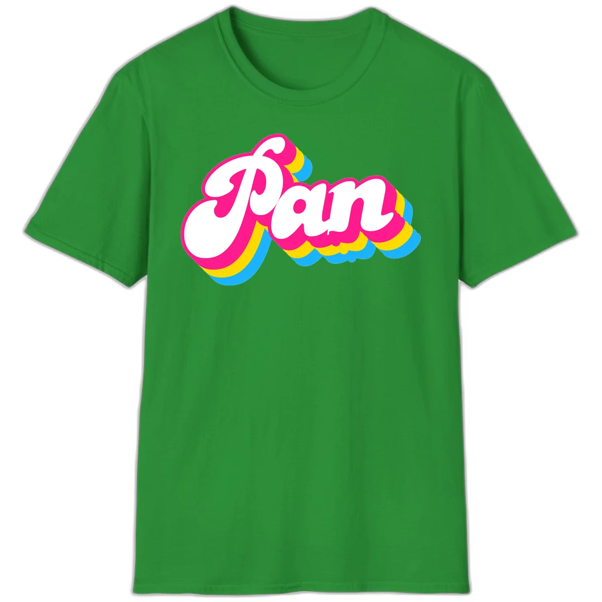 Retro pop art design with 'Pam' in bold white lettering outlined in magenta with layered cyan and yellow scalloped shapes in Irish Green