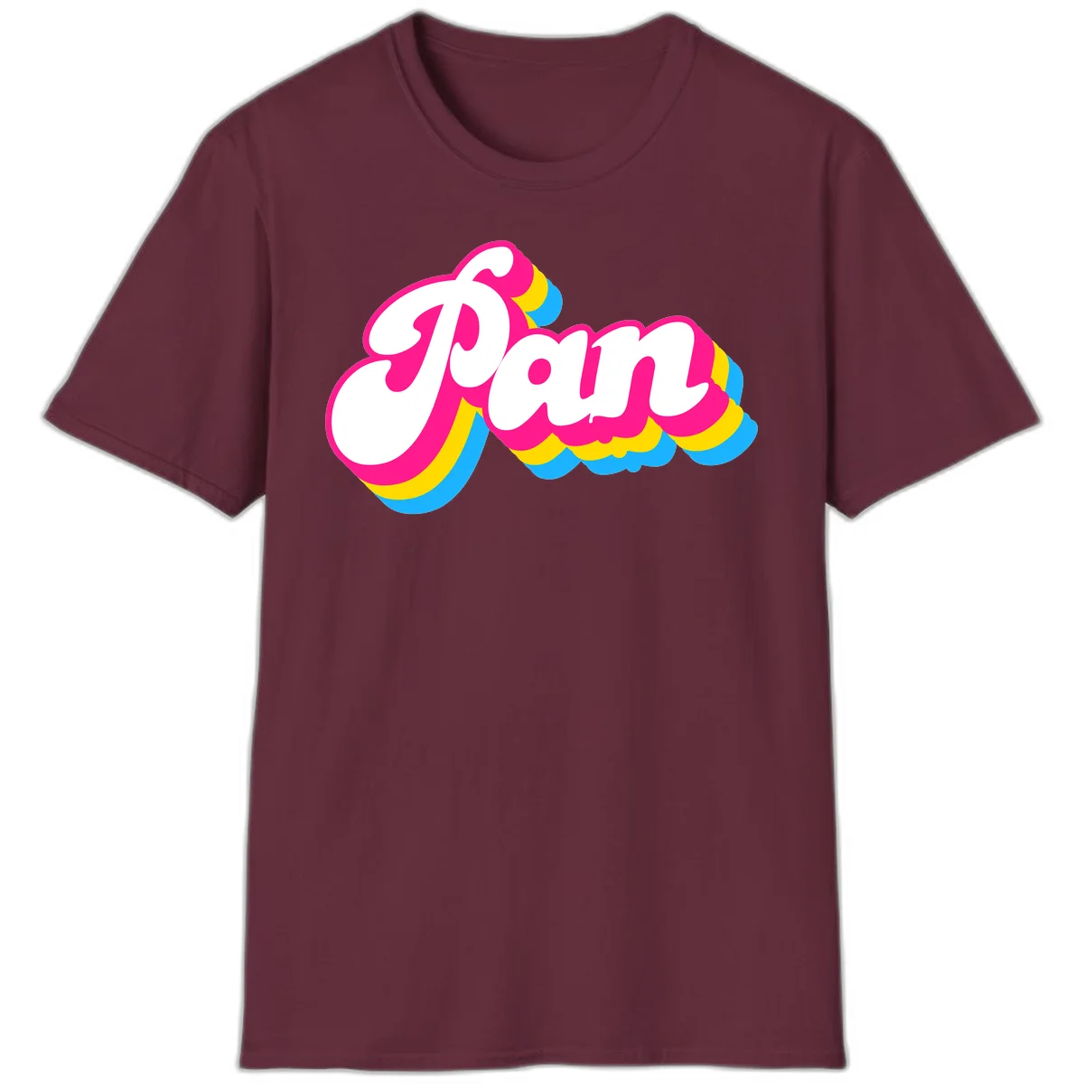 Retro pop art design with 'Pam' in bold white lettering outlined in magenta with layered cyan and yellow scalloped shapes in Maroon