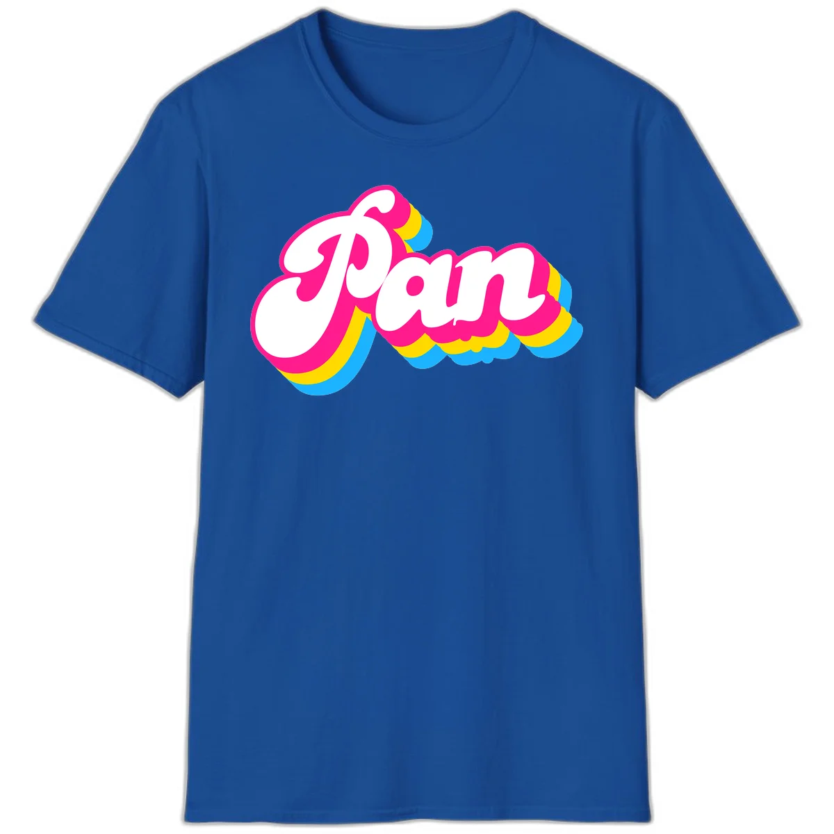 Retro pop art design with 'Pam' in bold white lettering outlined in magenta with layered cyan and yellow scalloped shapes in Royal