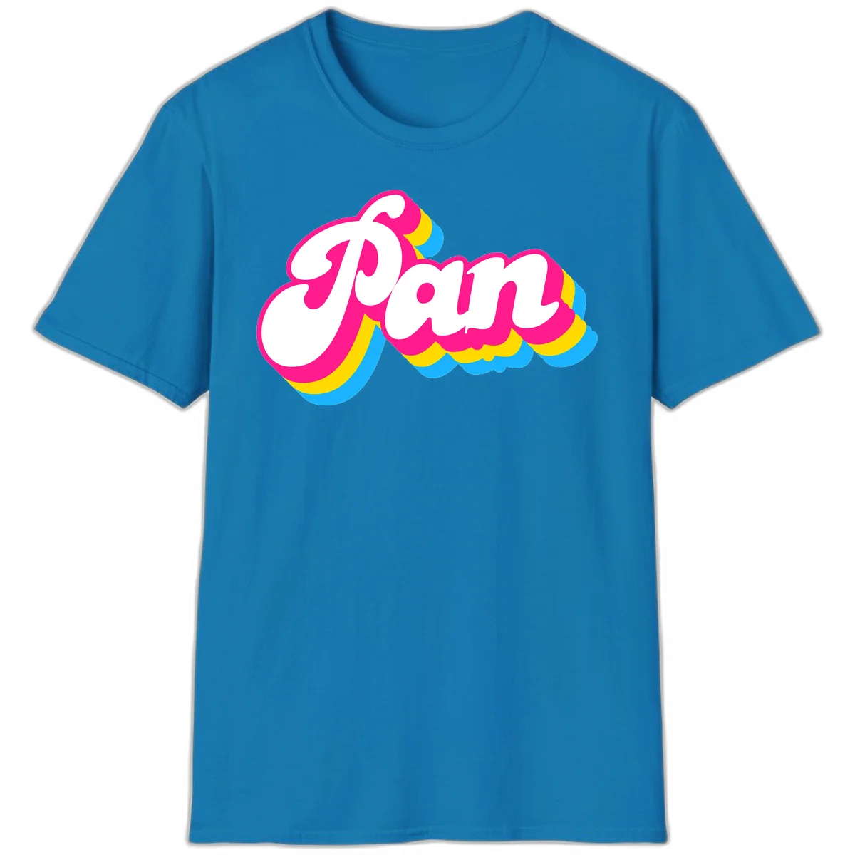 Retro pop art design with 'Pam' in bold white lettering outlined in magenta with layered cyan and yellow scalloped shapes in Sapphire