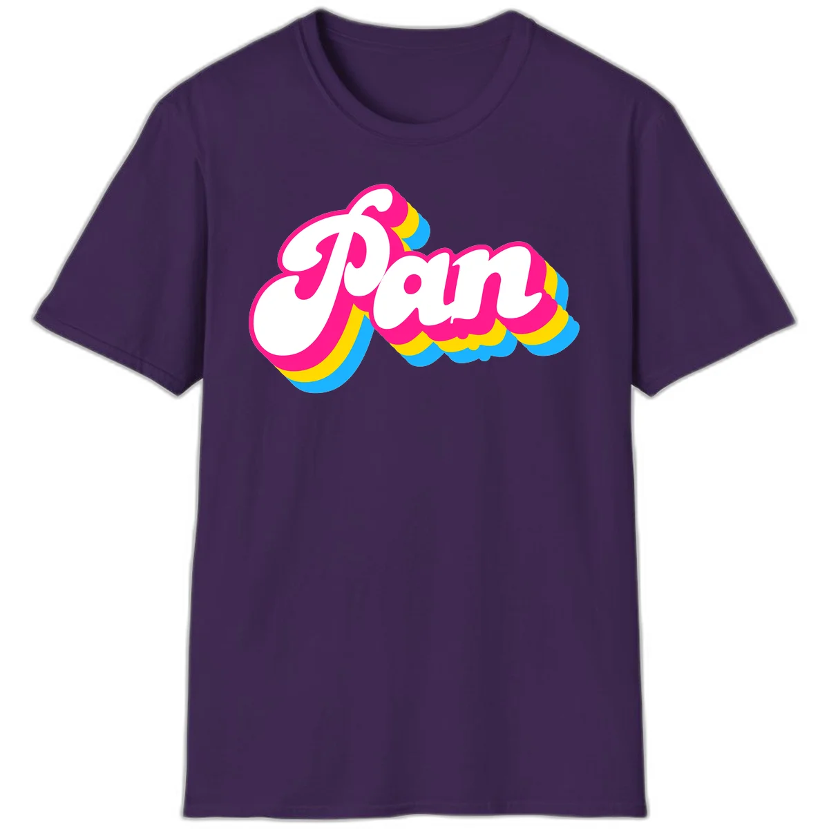 Retro pop art design with 'Pam' in bold white lettering outlined in magenta with layered cyan and yellow scalloped shapes in Purple