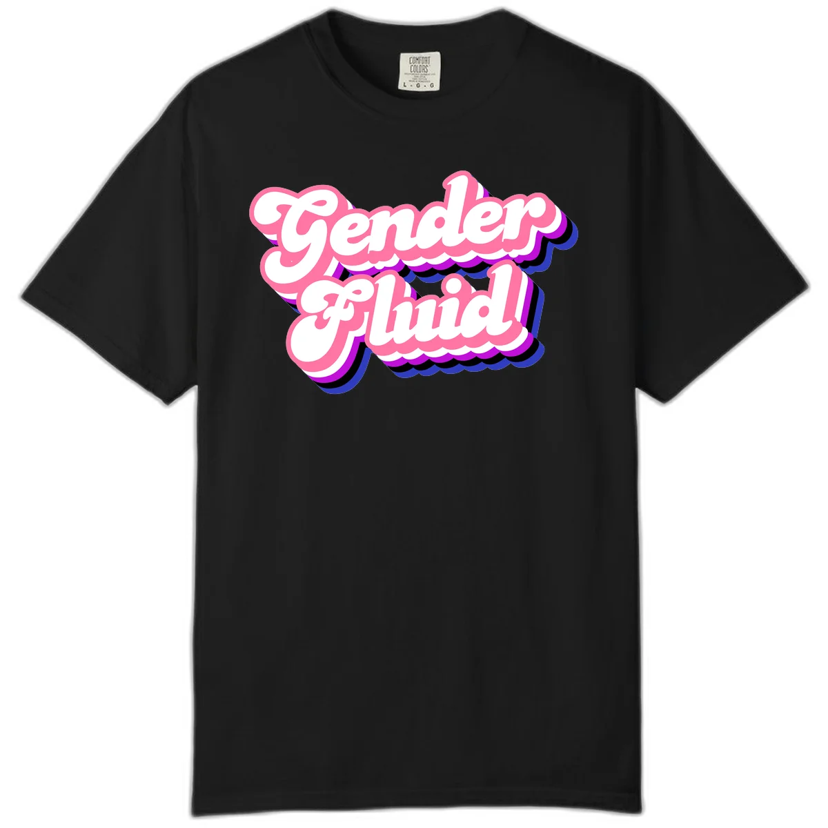 Gender Fluid design featuring bold pink and white text with colorful purple, blue, and black layered shadow effects in Black