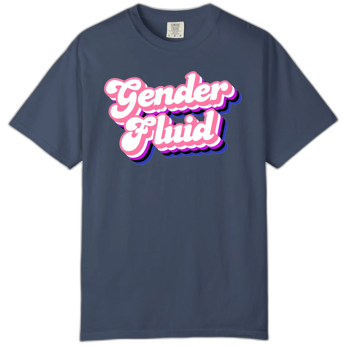Gender Fluid design featuring bold pink and white text with colorful purple, blue, and black layered shadow effects in Midnight