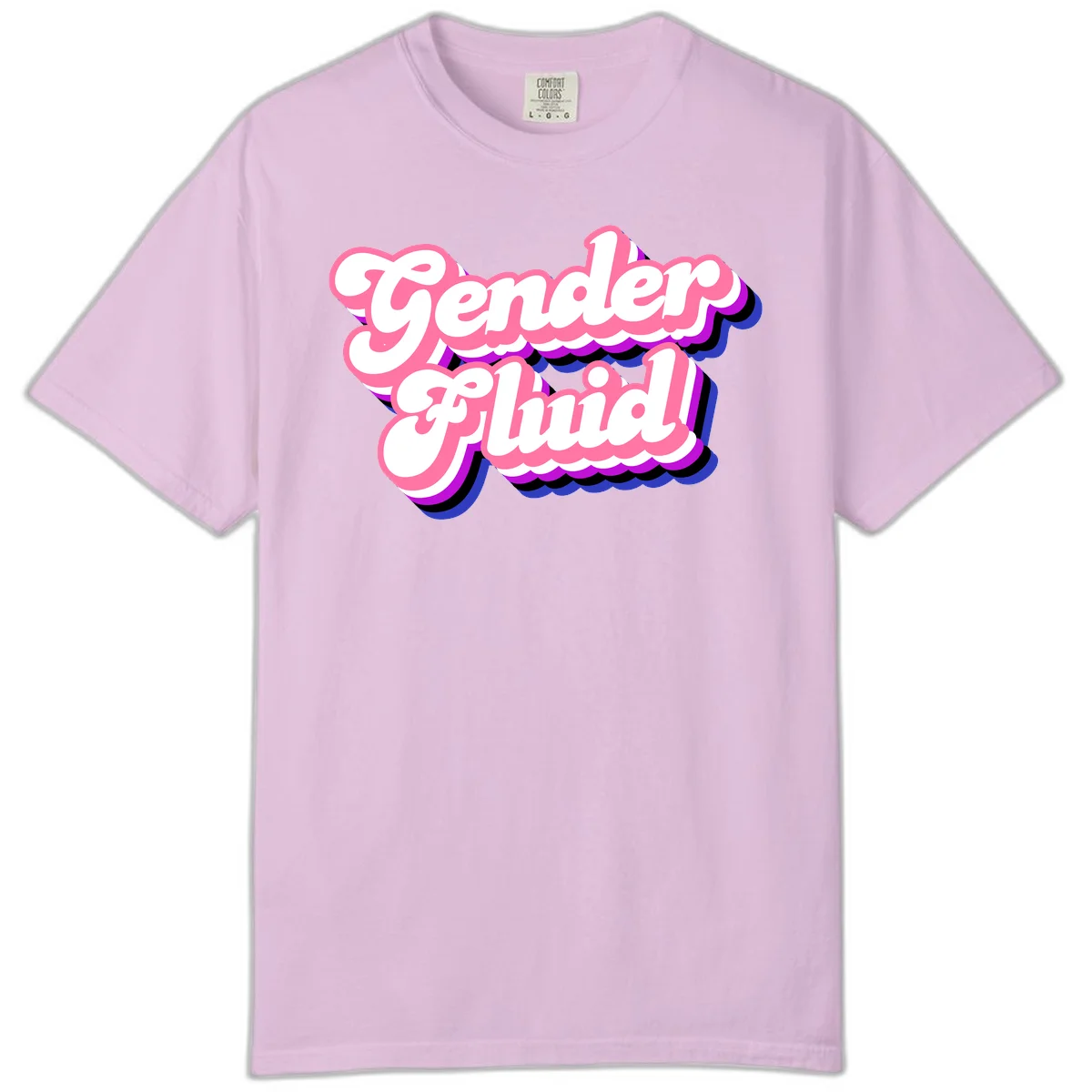 Gender Fluid design featuring bold pink and white text with colorful purple, blue, and black layered shadow effects in Orchid