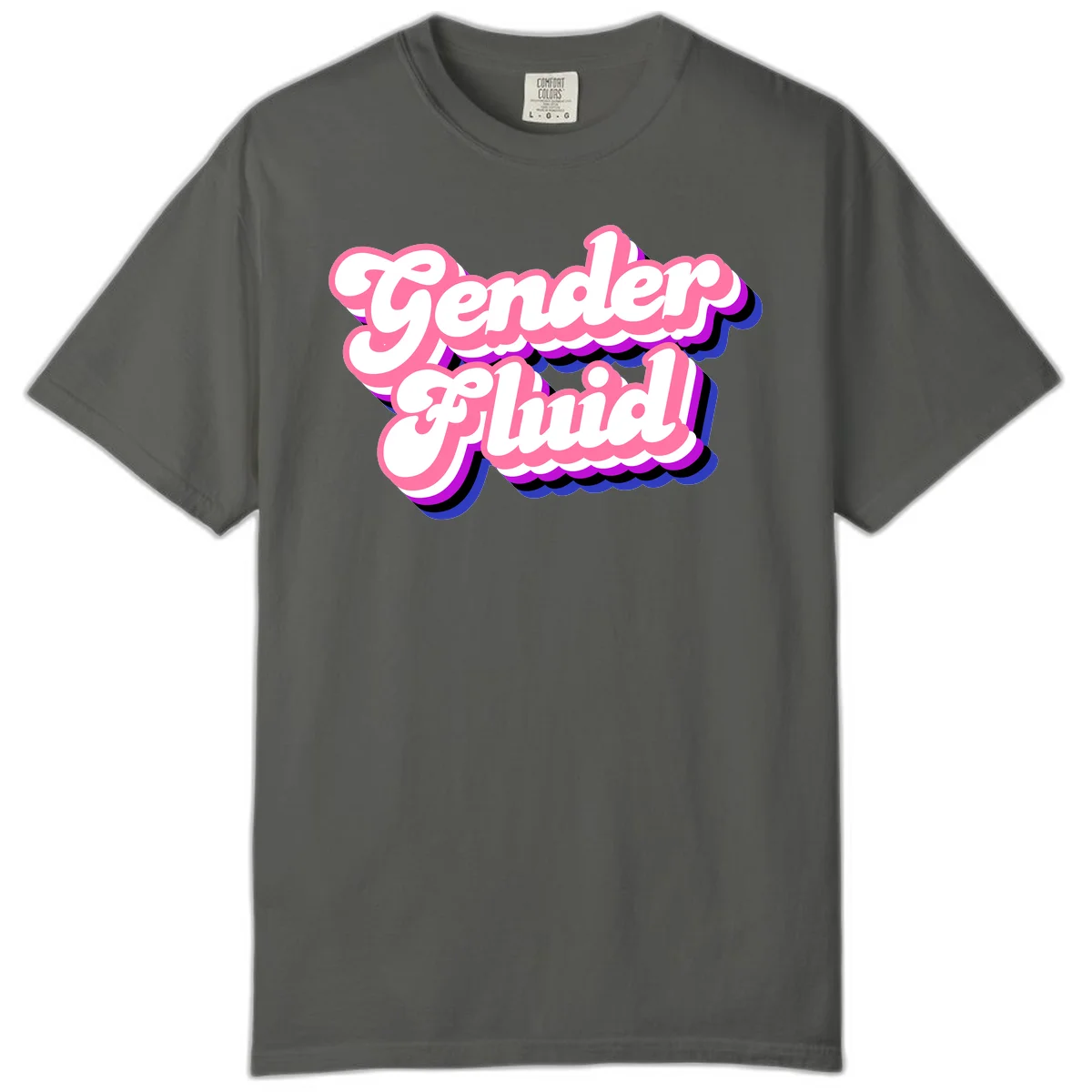 Gender Fluid design featuring bold pink and white text with colorful purple, blue, and black layered shadow effects in Pepper