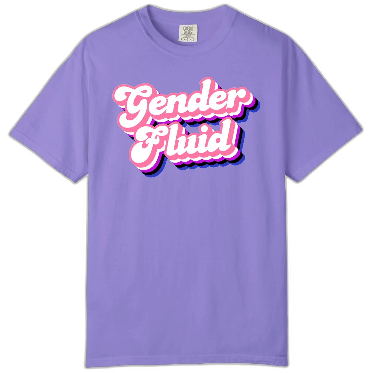 Gender Fluid design featuring bold pink and white text with colorful purple, blue, and black layered shadow effects in Violet