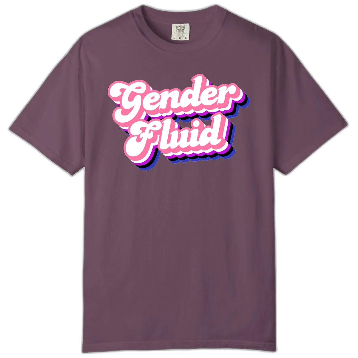 Gender Fluid design featuring bold pink and white text with colorful purple, blue, and black layered shadow effects in Berry