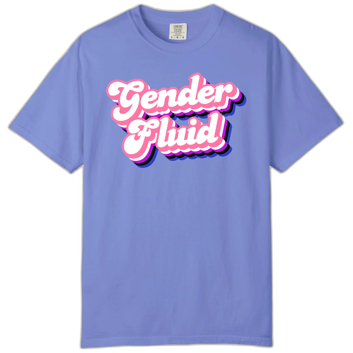 Gender Fluid design featuring bold pink and white text with colorful purple, blue, and black layered shadow effects in Flo Blue