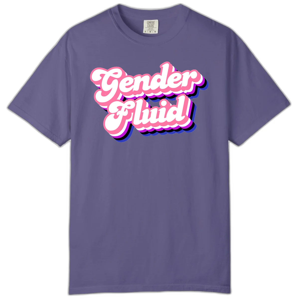 Gender Fluid design featuring bold pink and white text with colorful purple, blue, and black layered shadow effects in Grape