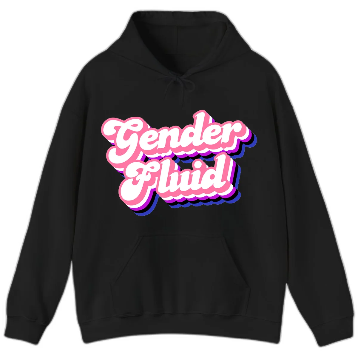 Gender Fluid design featuring bold pink and white text with colorful purple, blue, and black layered shadow effects in Black