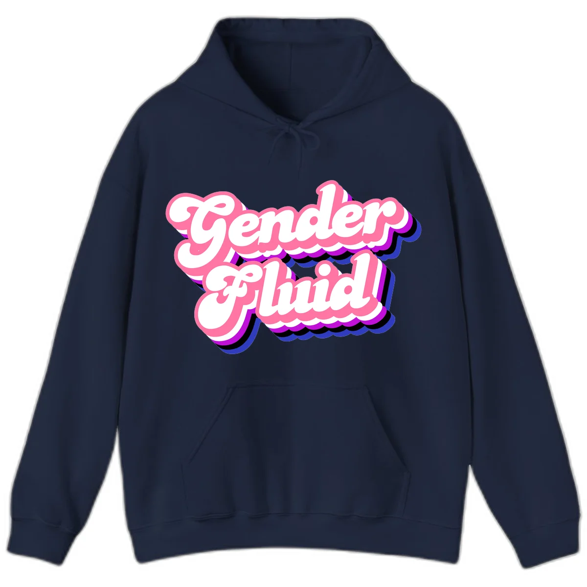 Gender Fluid design featuring bold pink and white text with colorful purple, blue, and black layered shadow effects in Navy