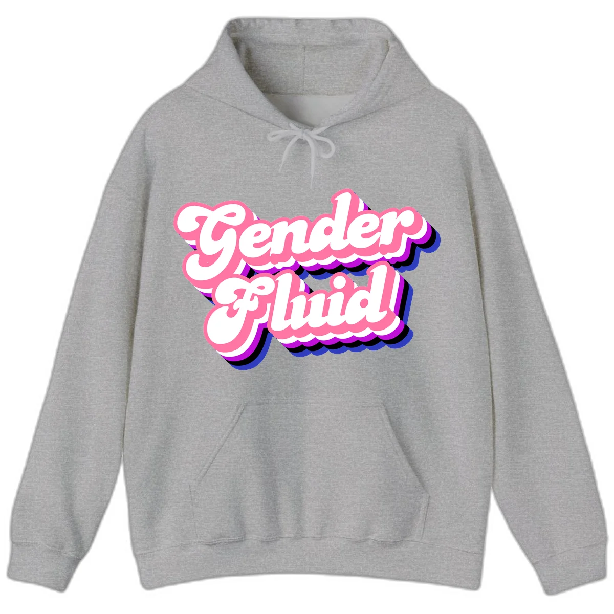Gender Fluid design featuring bold pink and white text with colorful purple, blue, and black layered shadow effects in Sport Grey