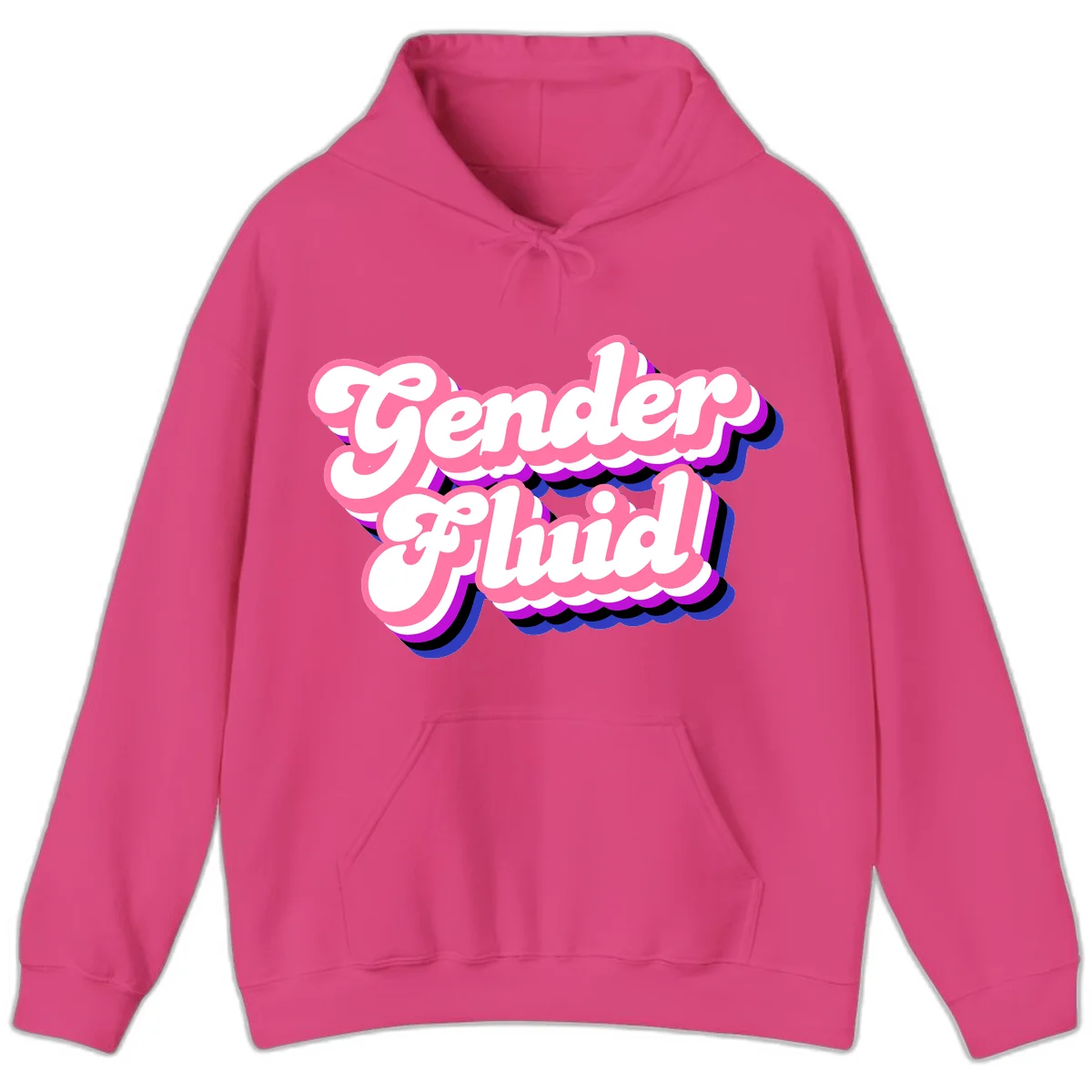Gender Fluid design featuring bold pink and white text with colorful purple, blue, and black layered shadow effects in Heliconia