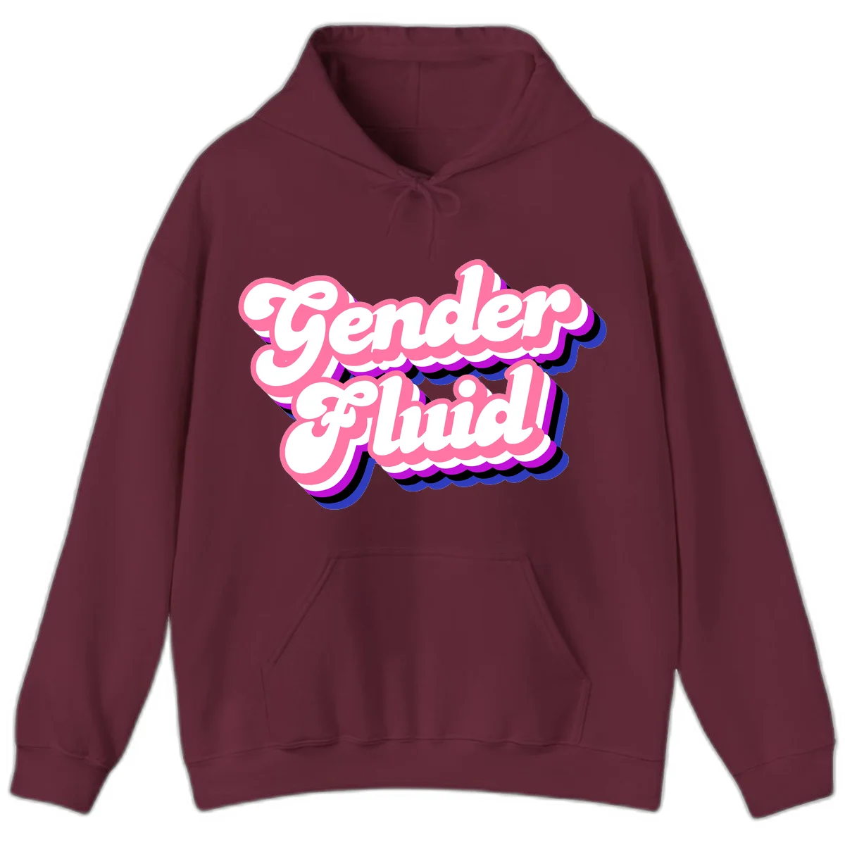 Gender Fluid design featuring bold pink and white text with colorful purple, blue, and black layered shadow effects in Maroon