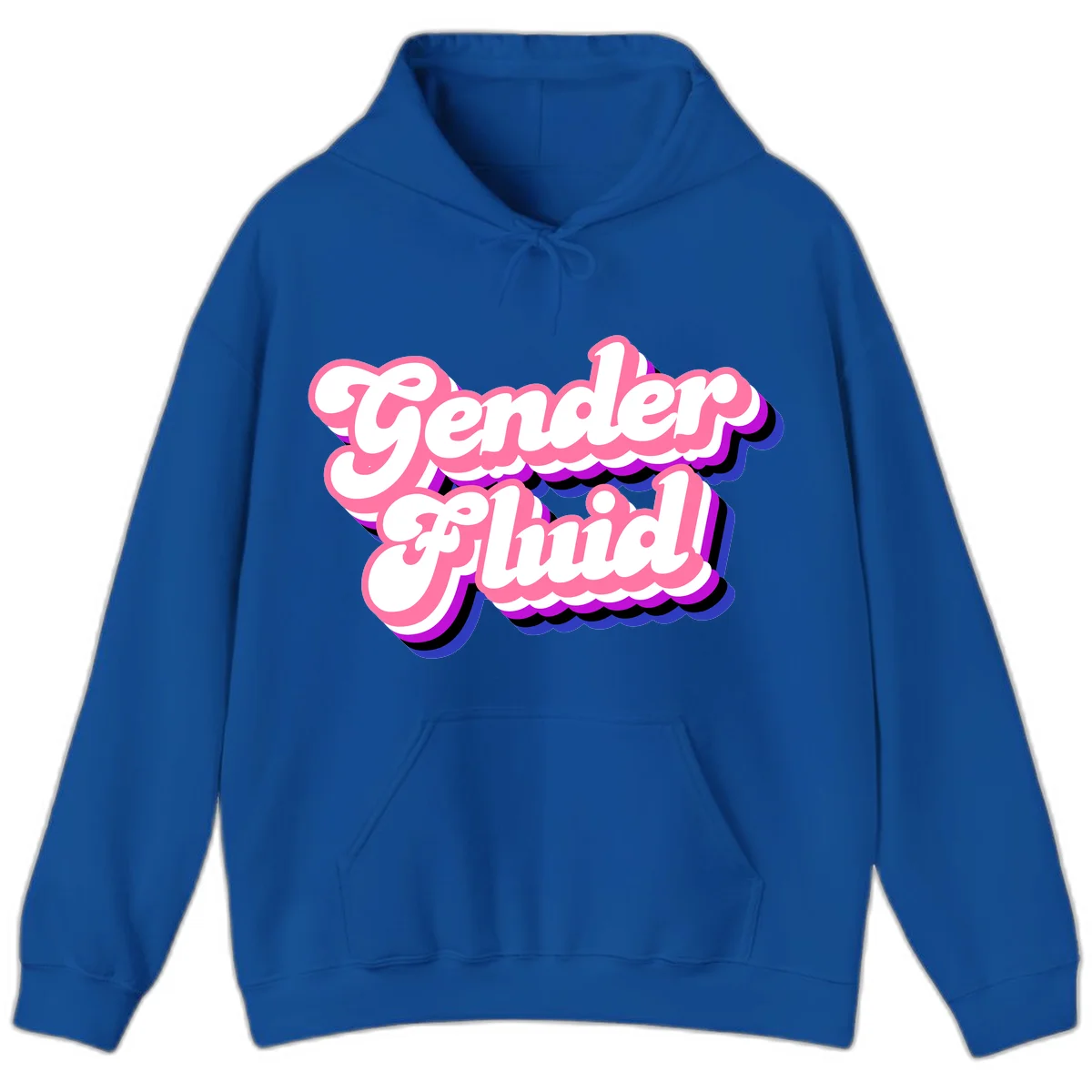 Gender Fluid design featuring bold pink and white text with colorful purple, blue, and black layered shadow effects in Royal