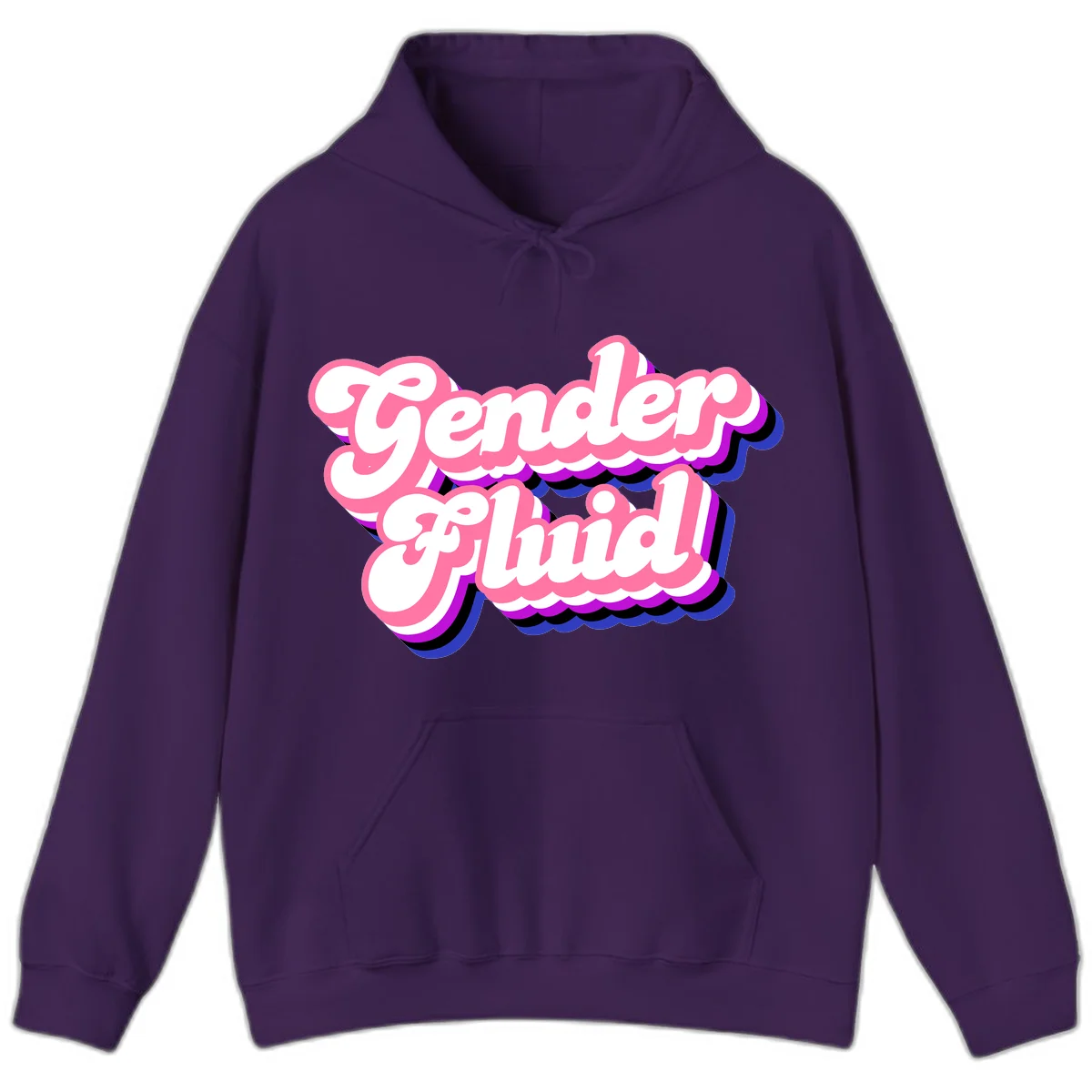 Gender Fluid design featuring bold pink and white text with colorful purple, blue, and black layered shadow effects in Purple