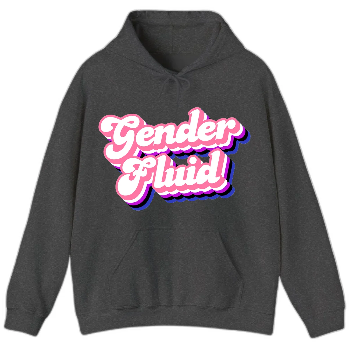 Gender Fluid design featuring bold pink and white text with colorful purple, blue, and black layered shadow effects in Dark Heather