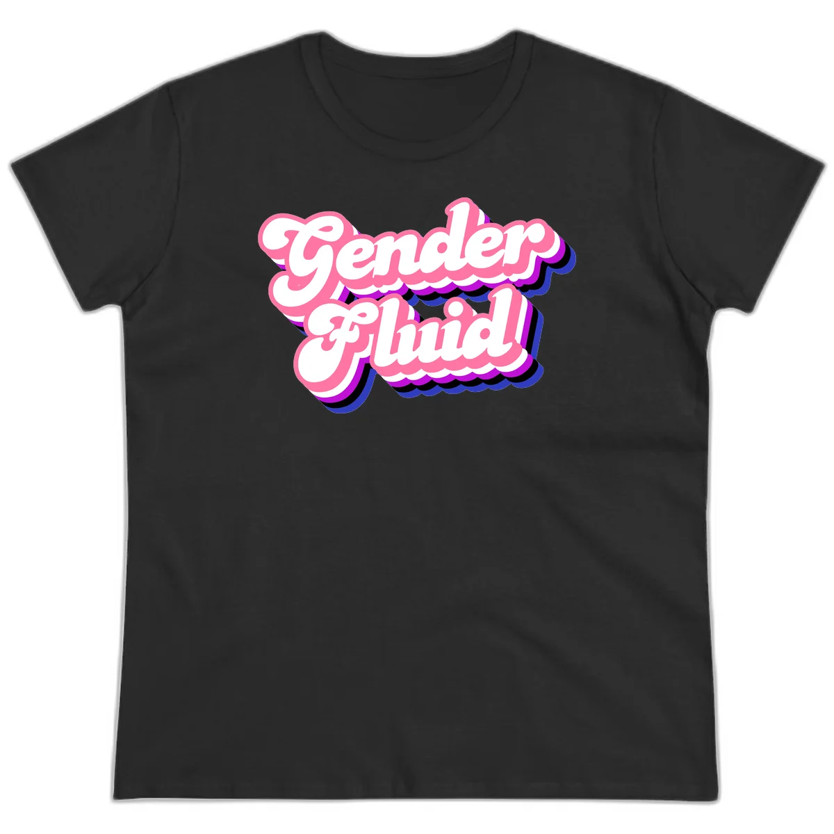 Gender Fluid design featuring bold pink and white text with colorful purple, blue, and black layered shadow effects in Black