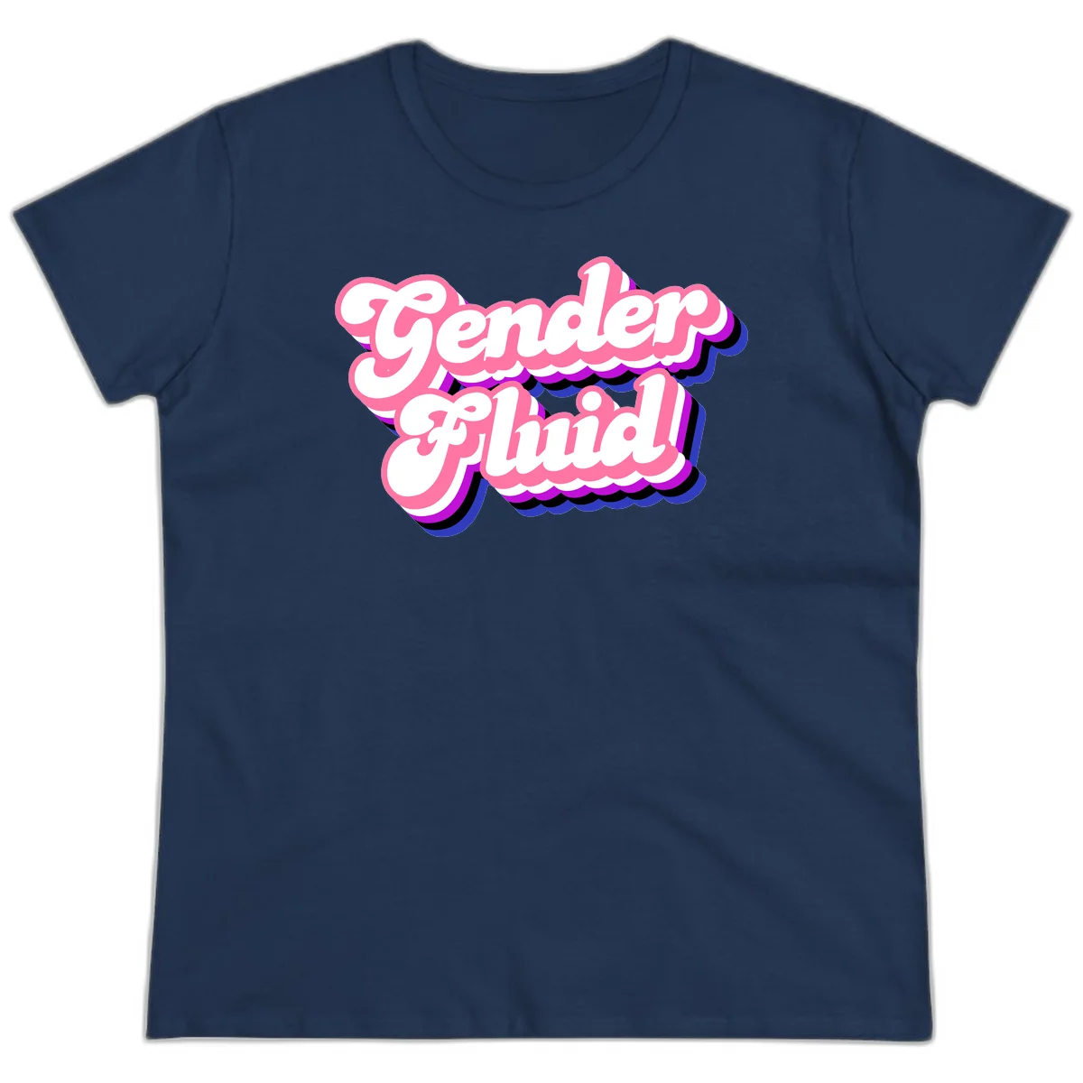 Gender Fluid design featuring bold pink and white text with colorful purple, blue, and black layered shadow effects in Navy