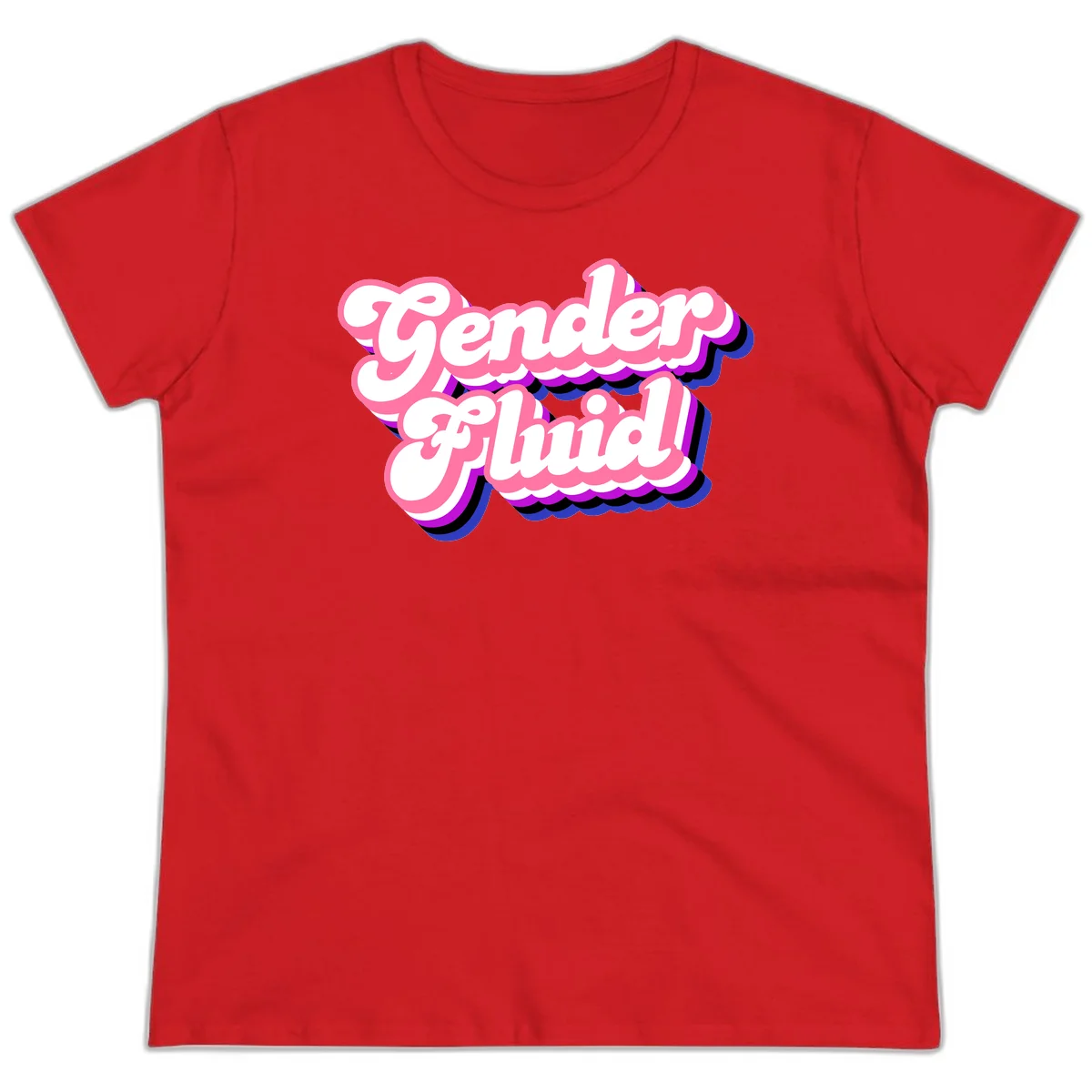 Gender Fluid design featuring bold pink and white text with colorful purple, blue, and black layered shadow effects in Red