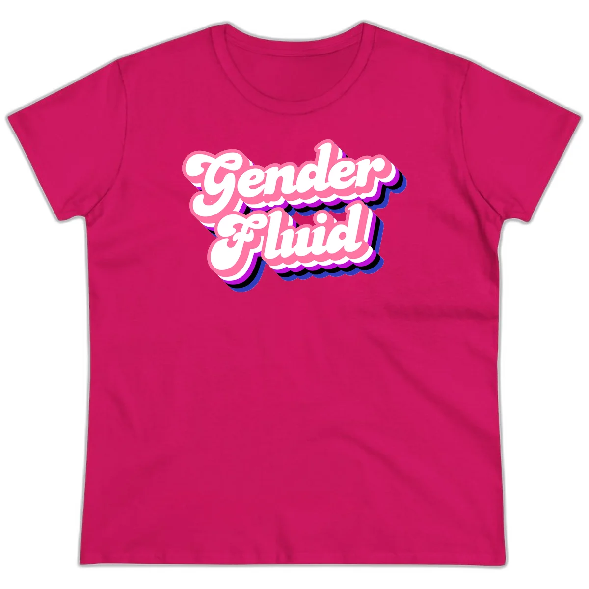 Gender Fluid design featuring bold pink and white text with colorful purple, blue, and black layered shadow effects in Heliconia
