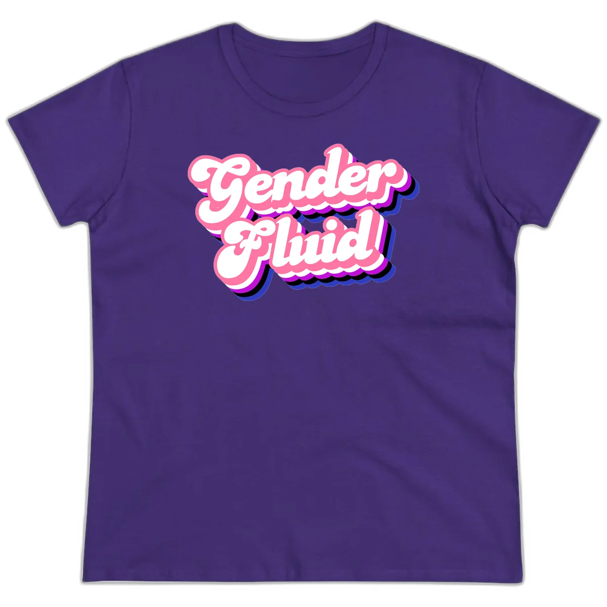 Gender Fluid design featuring bold pink and white text with colorful purple, blue, and black layered shadow effects in Purple