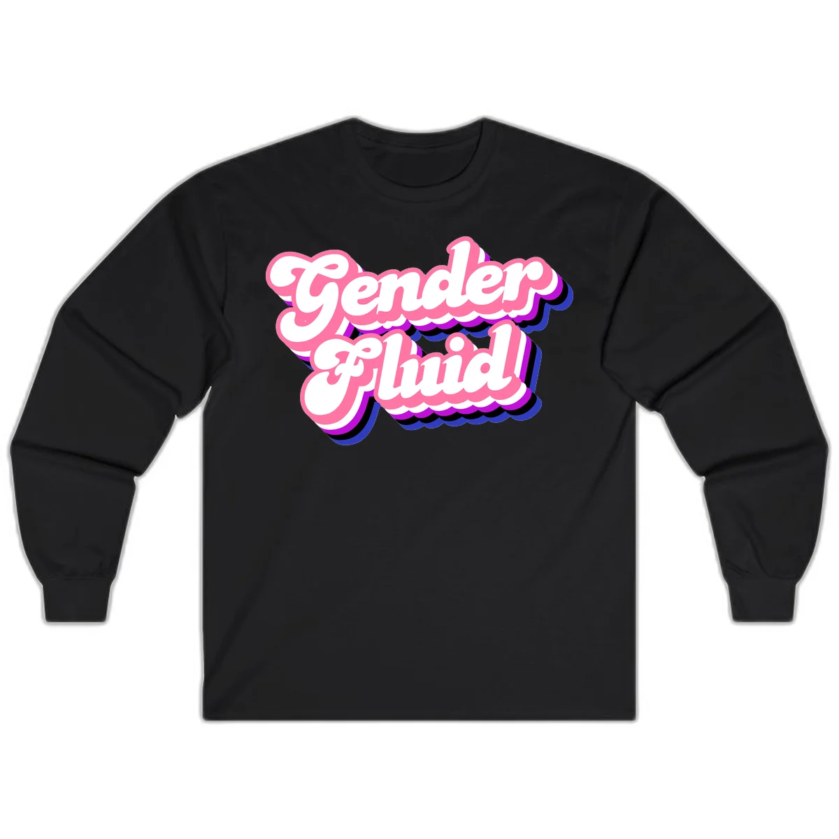 Gender Fluid design featuring bold pink and white text with colorful purple, blue, and black layered shadow effects in Black