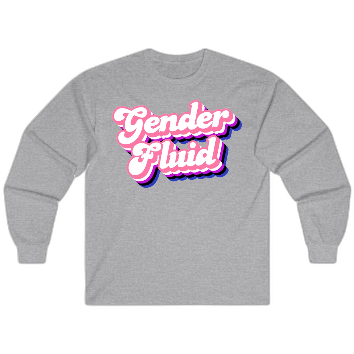 Gender Fluid design featuring bold pink and white text with colorful purple, blue, and black layered shadow effects in Sport Grey